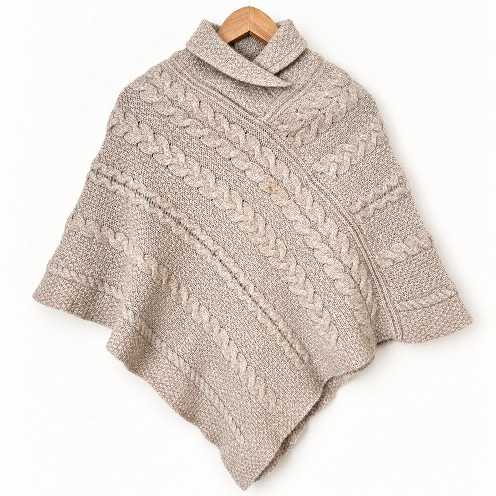 Aran Crafts Oatmeal Beige Cable Knit Poncho 100% Merino Wool S/M Ireland Knits